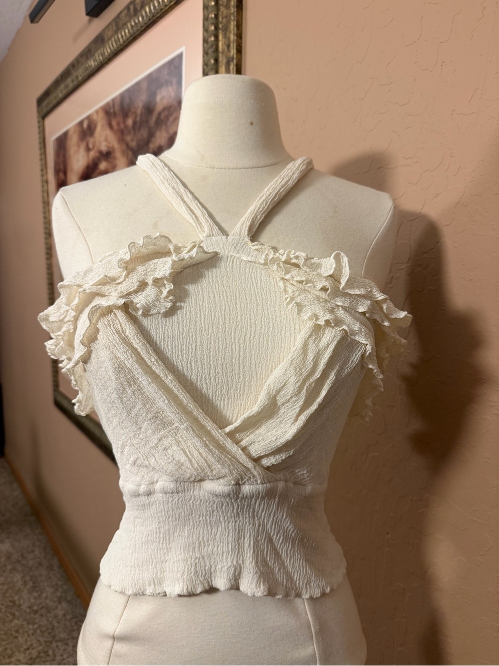 Unbranded Cream Ruffled Halter Crop Dress Top Fits small
